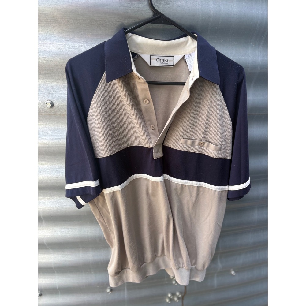 Classics by Palmland Mens Large Vintage Colorblock Polo Shirt Navy Tan 6010-18